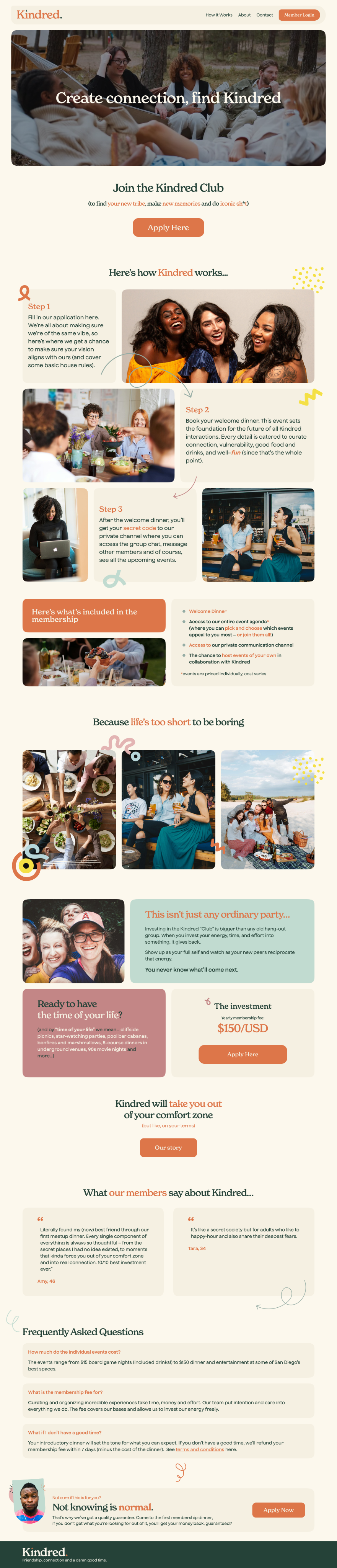 Full-length mobile website screenshot for Kindred, a community matchmaking service, showing member profiles and enquiry forms.