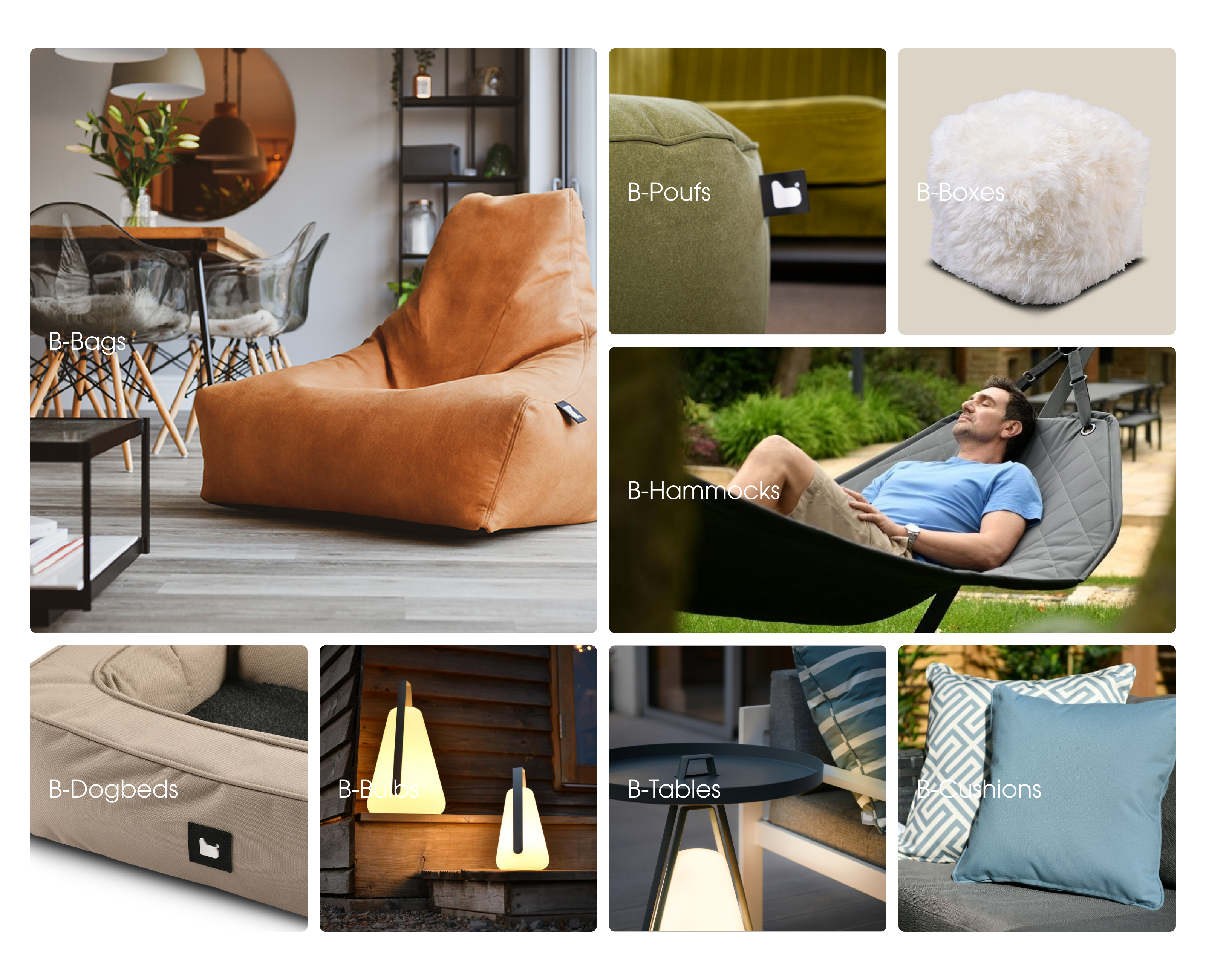Grid of outdoor furniture product photography, including a tan sculptural lounge chair, an olive sofa and cushions labelled B-Pouf, B-Dogbed, B-Hammock, B-Tables and B-Cora.