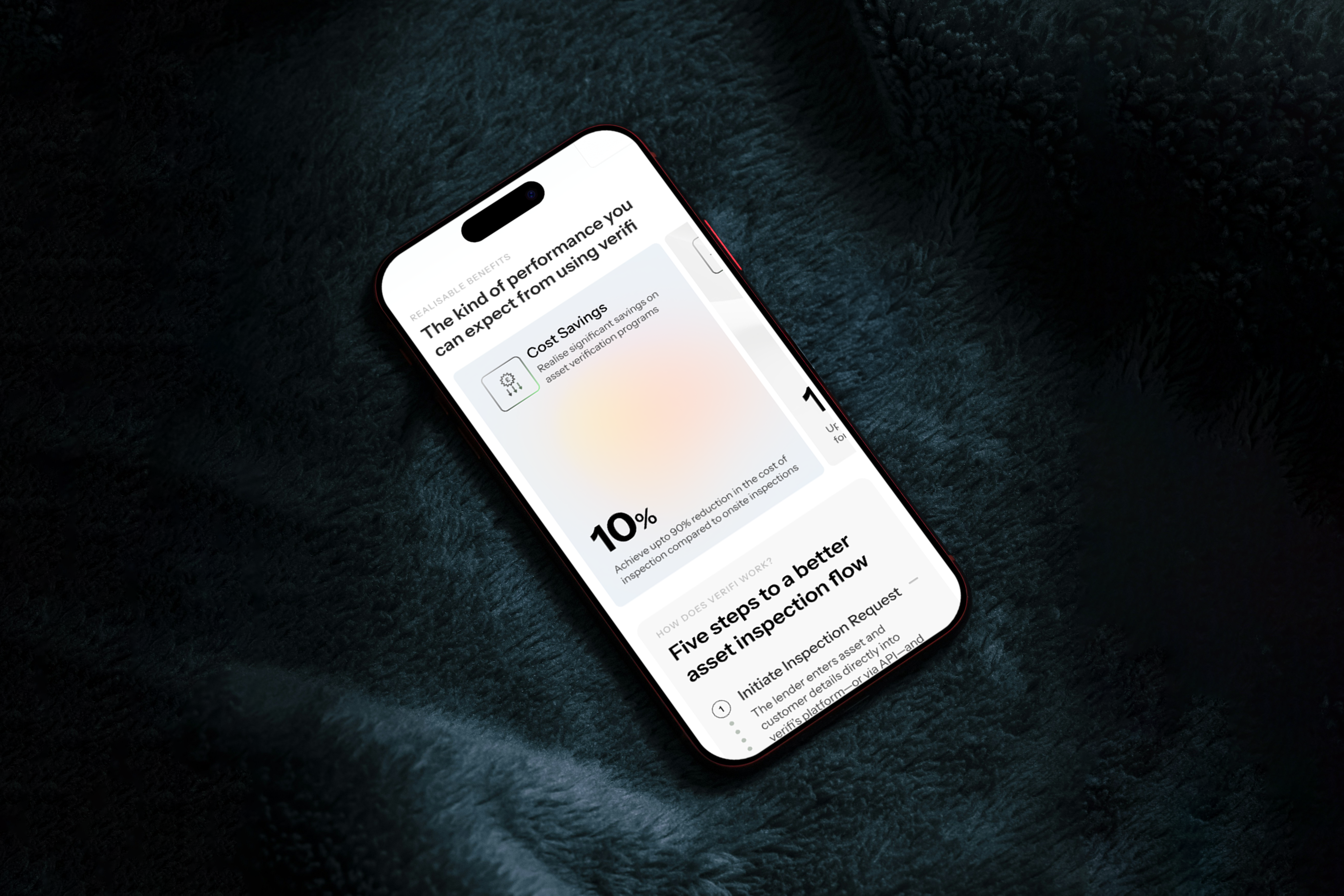 iPhone on dark textured fabric showing a skincare app with a 10% results claim and a five-step routine.