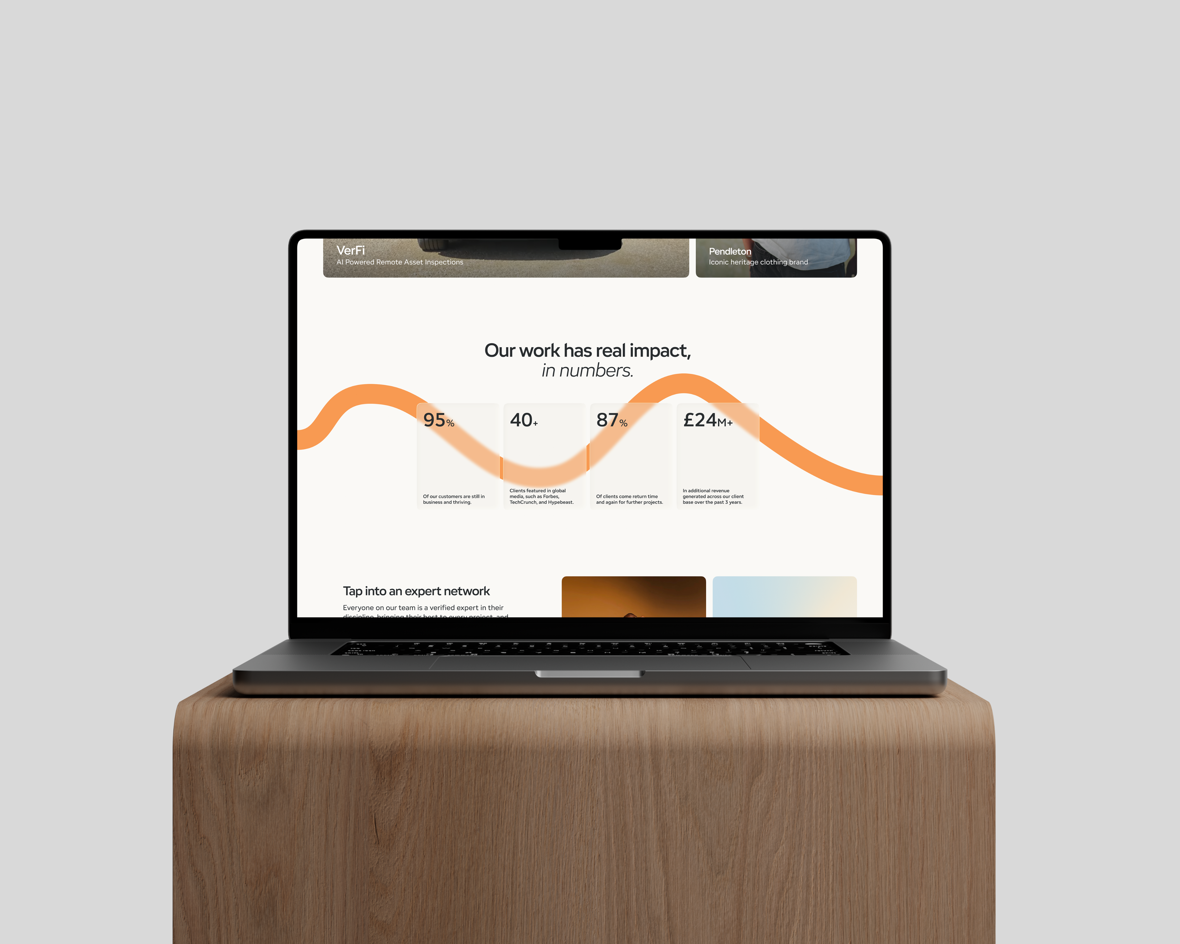 Laptop on a wooden block displaying a portfolio site with an “Our work has real impact” headline and orange impact statistics.